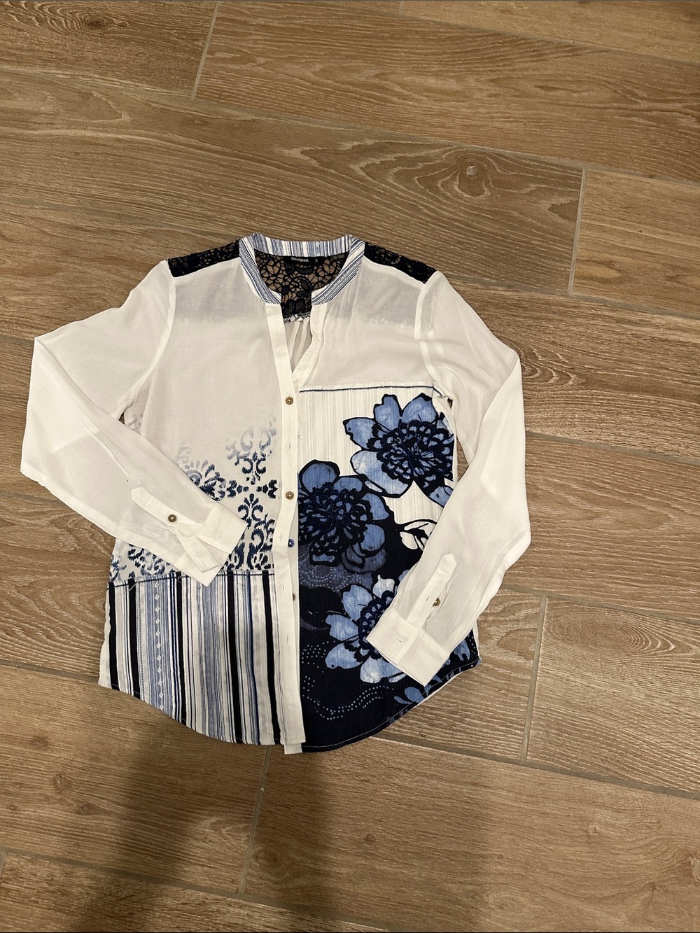 Desigual White and Blue Floral Patchwork Button-Down Shirt